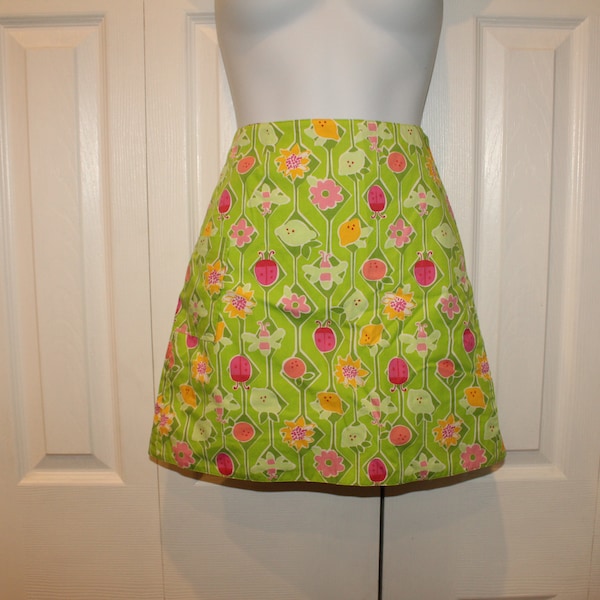 Vtg Lilly Pulitzer Reversible Green Lady Bug Pink Flower Print Girls Skirt 16