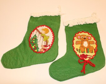 Set of 2 Vintage Hand Made Christmas Green Children's Stockings Boy Bear