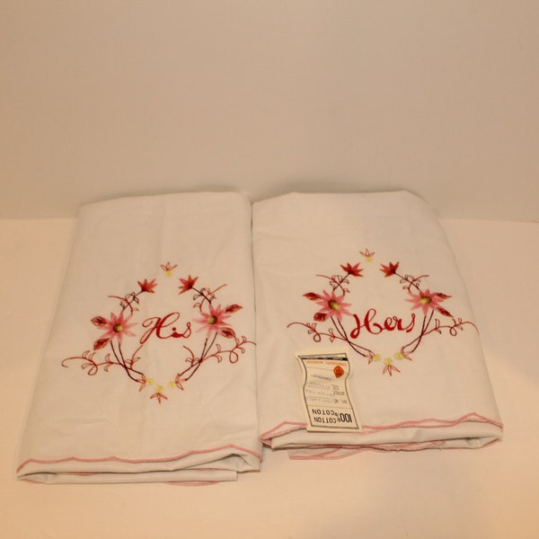 Vintage New Old Stock HIS HERS Pillowcases White Pink Floral Embroidered Cotton