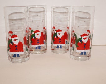 Vintage Set of 4 Ice Tea Santa Holiday Unmarked Drinking Glasses Glassware