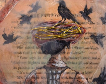 May include: Mixed media artwork featuring a woman in a dress, with birds and text overlay. The woman's head is adorned with a nest-like structure with gold accents. The background is a collage of text.