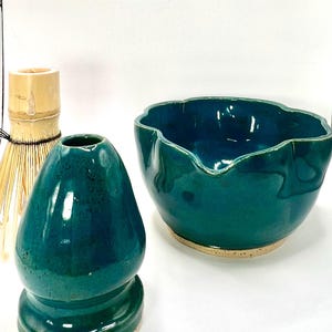 Handmade Ceramic Matcha Bowl & Whisk Holder Set | Pottery Matcha Set