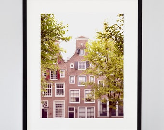 Amsterdam print. Wanderlust photograph of canal houses with window shutters surrounded by trees. Extra large Dutch art print.