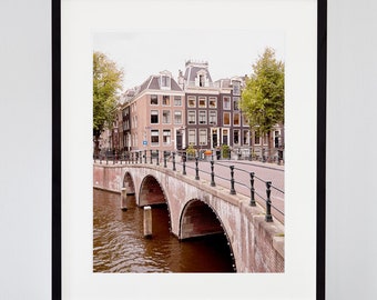 Dutch photograph of Amsterdam canal houses and bridge. Eclectic landmark travel photo. European architecture print. Hipster souvenir poster.