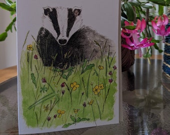 Badger in Buttercups greetings card 5"x7" - blank inside