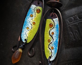 Enameled Earrings, Enameled Charms, Tribal, Aztec, Southwest, Glass, Artisan Made, Earthy, Rustic, Beaded Earring