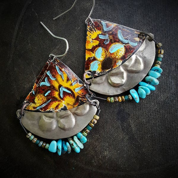 Tin Earrings, Kuchi, Banjara, Flower Jewelry, Flowers, Vintage, Turquoise, Unique, Organic, Primitive, Stamping, Recycled, Beaded Earrings