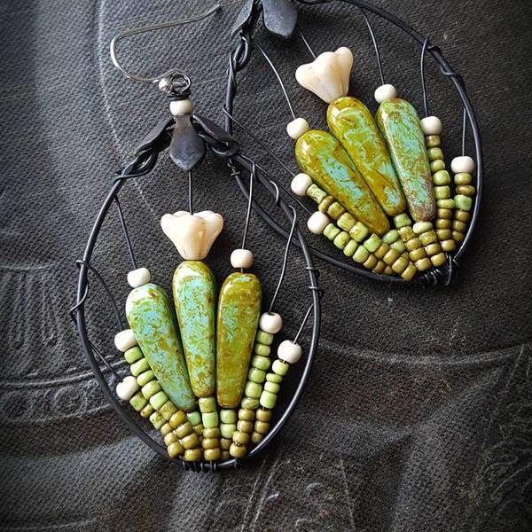 Blooming Cactus, Flowers, Hoops, Artisan Made, Cactus, Southwest, Desert, Summer, Spring, Glass, Organic, Rustic, Unique, Beaded Earrings