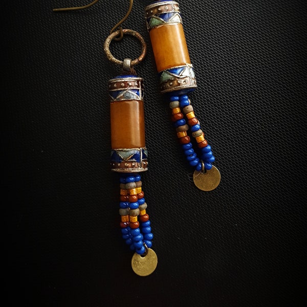 Jade, Glass Fringe, Brass, Unique, Vintage, Artisan Made, Hsiu Jade, Beaded Earrings