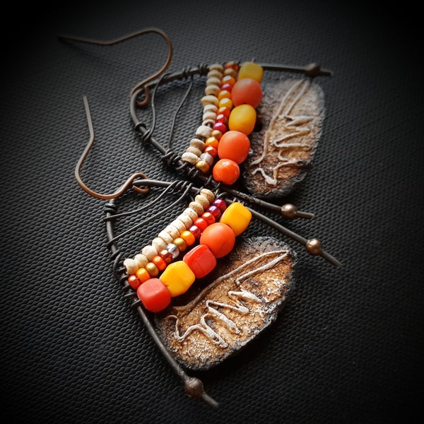 Shaman, Fox, Ceramic, Glass, Rustic, Tribal, Primitive, Copper Earrings, Clay jewelry, Organic, Artisan Made, Primitive Beaded Earrings