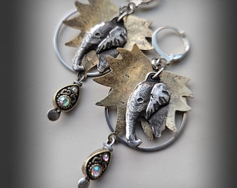 Elephant, Brass Lotus Earrings