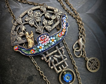 Italian Micro Mosaic Floral Brass Necklace