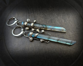 Labradorite, Spectralite, Silver, Gemstone, Rustic Beaded Stone Earrings