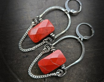 Red Jasper Hoop and Chain Earrings