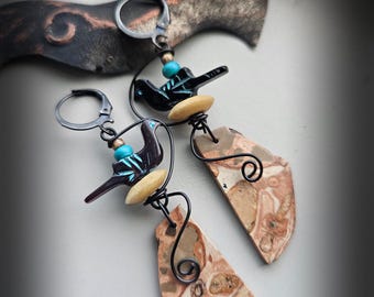 Yellow Spotted Jasper & Bird Gemstone Earrings