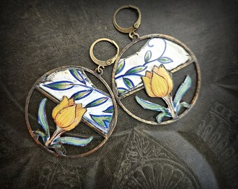 Tin Earrings, Brass Hoops, Tin Charm Hoop Earrings