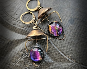 Dichroic Glass & Brass Capped Earrings