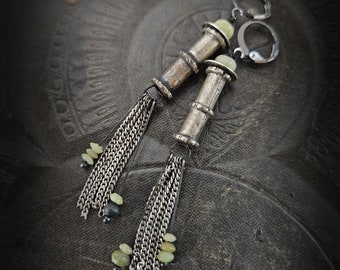 Sterling Silver Tubes and Roman Glass Chain Earrings