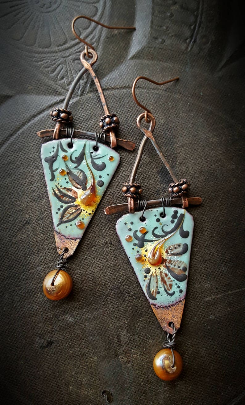 Enameled Charms Enameled Earrings Pearls Poetic Bohemian Etsy