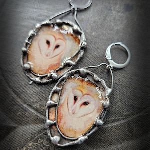 Może przedstawiać: Para srebrnych kolczyków wiszących. Każdy kolczyk ma owalną zawieszkę z namalowanym wzorem twarzy sowy w odcieniach kremu, brązu i czerwieni. Zawieszki są obramowane teksturowaną srebrną obwódką i przymocowane do zapięcia zatrzaskowego.