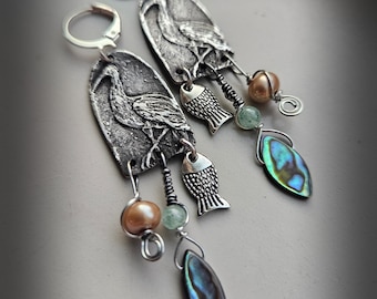 Pewter Cranes, Fish and Abalone Earrings