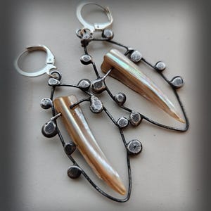 Może przedstawiać: Para srebrnych kolczyków o unikalnym designie. Każdy kolczyk posiada perłowy, wydłużony element przypominający muszlę, zaakcentowany ciemną metalową ramą i małymi, okrągłymi srebrnymi zdobieniami. Kolczyki mają zapięcie zatrzaskowe.