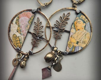 Vintage Tin and Brass Hoop Charm Earring