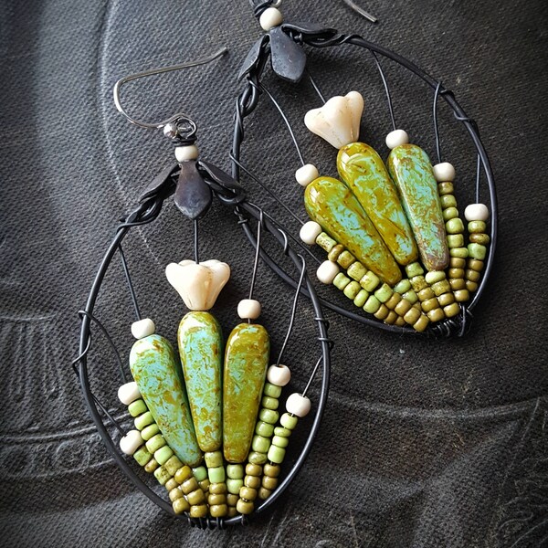 Blooming Cactus, Blossom Series, Flowers, Hoops, Artisan Made, Cactus, Southwest, Desert, Summer, Glass, Organic, Rustic, Beaded Earrings