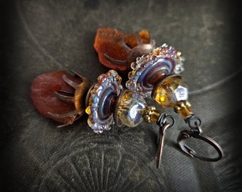 Baltic Amber, Raw Amber Nuggets, Artisan Made, Lamwork Glass Disc Beaded Earrings