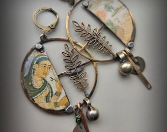 Vintage Tin and Brass Hoop Charm Earring