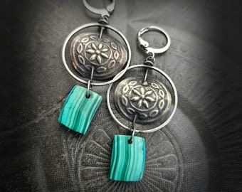 Malachite and Silver Medallion Gemstone Earrings