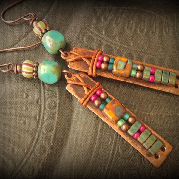 Ladder, Tila, Stacked, Copper, Tribal, Primitive, Organic, African Glass, Leather, Beaded Earrings