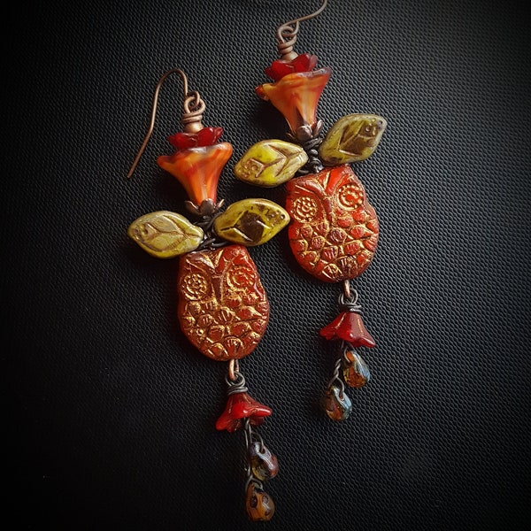 Flowers, Wire Wrapped, Owl, Bohemian, Cottage Chic, Unique, Artisan Made, Leaves, Glass, Organic, Rustic, Beaded Earrings