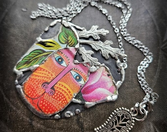 Vibrant Tin Cat Necklace • Spring Tulips