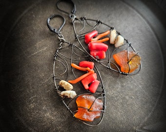 Baltic Amber, Coral and Tabu Shell Money Beaded Hoop Earrings