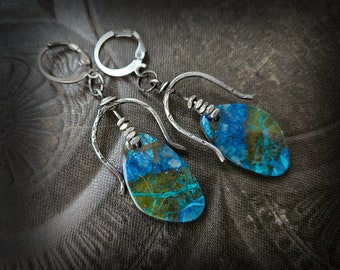 Chrysocolla, Gemstone, Southwest, Boho, Rustic Stone Earrings