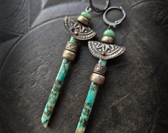 Old‑World Tribal Boho Chrysocolla Gemstone Earrings