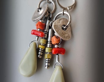 Green Jade and Coral Gemstone Earrings