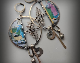Vintage Tin and Brass Hoop Charm Earring