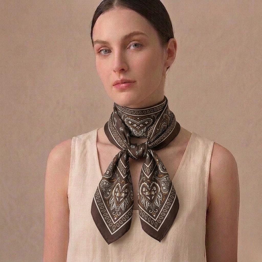 Chocolate Brown Silk Bandana Scarf With Gold Heart Paisley Border