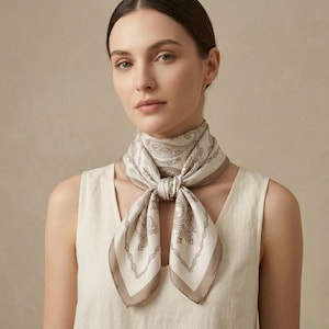 Elegant Beige Paisley Silk Scarf - Chic Neutral Headscarf & Neck Wrap