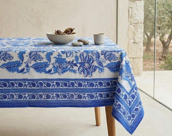 Indian Block Print Tablecloth, Floral Cotton Table Cover, Royal Blue - Gift