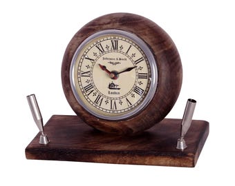 Handcarved Wooden Desk Clock with Pen Holder | Rustic Brown Stationery Organizer