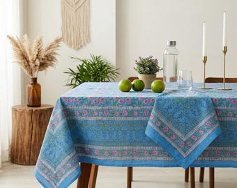 Nappe artisanale à fleurs bleu céruléen - Nappe en coton imprimée en bloc