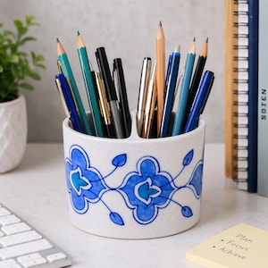 Soporte para cepillos de dientes de cerámica pintado a mano, organizador de baño de cerámica azul, soporte para pasta de dientes y cepillos, soporte para brochas de maquillaje, organizador de bolígrafos de escritorio