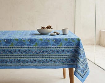 Blue Floral Cotton Tablecloth - Indian Block Print Table Cover - Gift