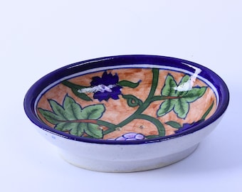 Handmade Blue Pottery Soap Dish – Floral Ceramic Soap Holder
