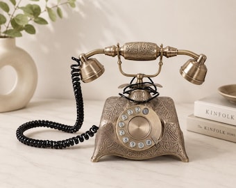 Brass Candlestick Telephone - Retro Rotary Dial, Home Office Decor