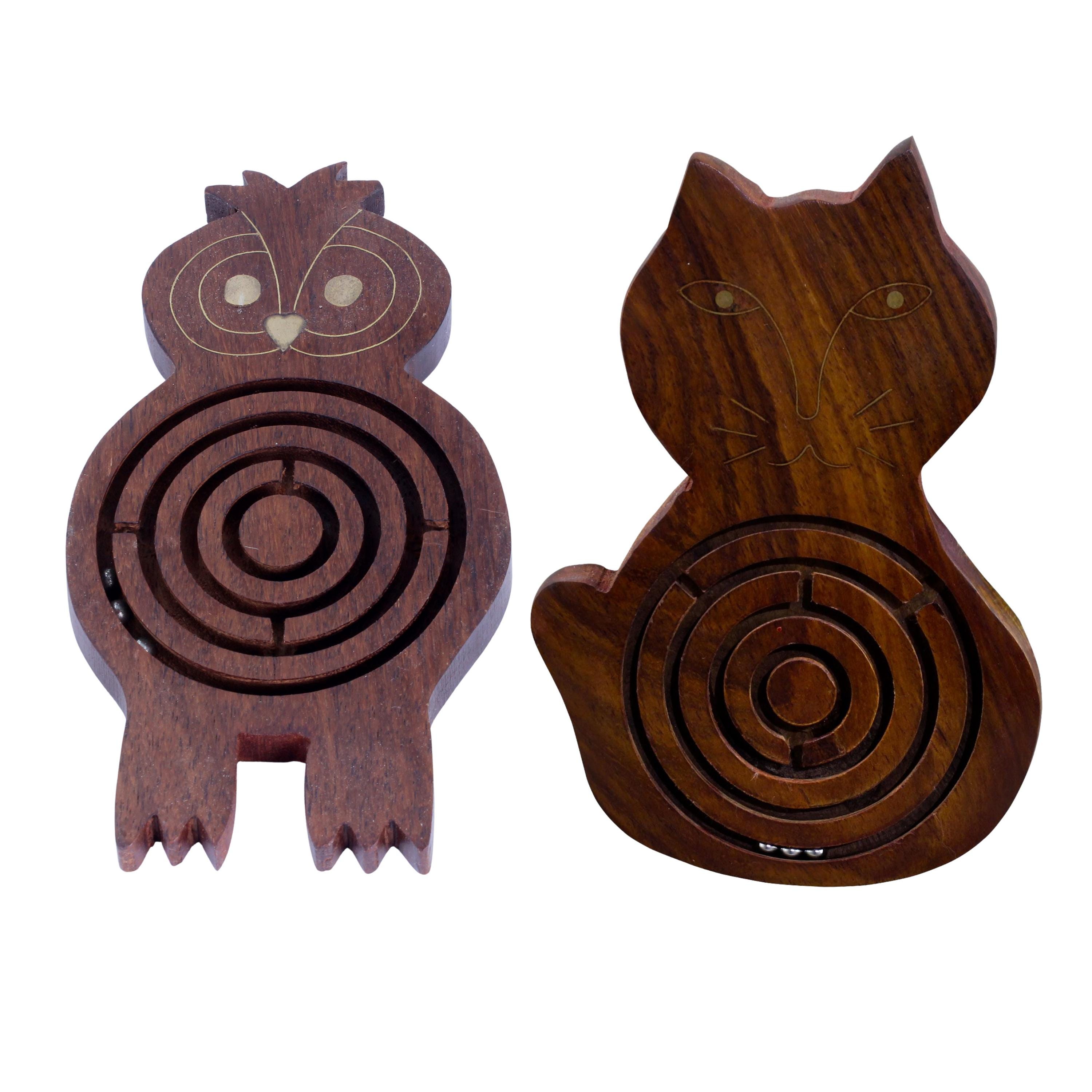 Handmade Wooden Animal Maze – Owl and Cat Puzzle Toy (Pack of 2)