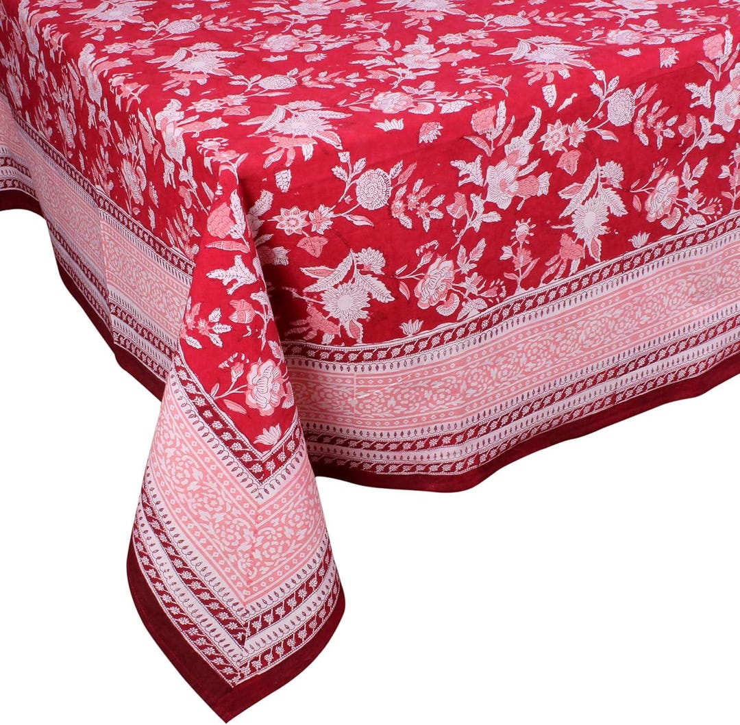 Ruby Red Tablecloth Ruby Red Floral Tablecloth, 100% Cotton Block Print, 60 X 90 Inches - Etsy